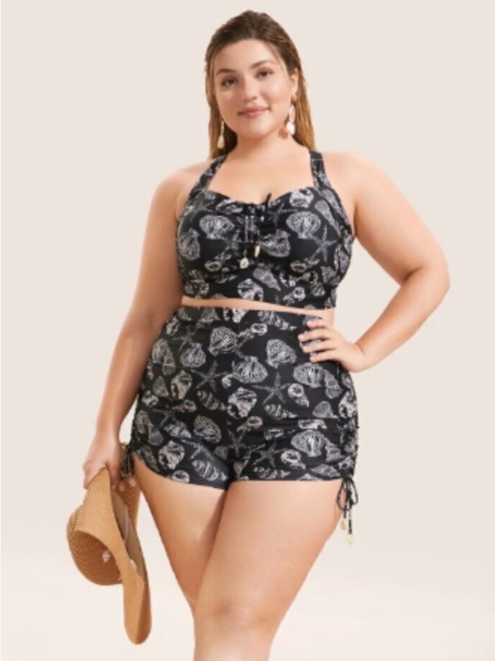 BloomChic Black Shell-Print Bralette & Boy Short Bikini Set